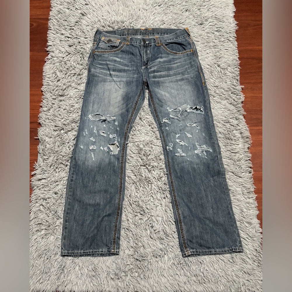 Xtreme Couture Men’s Distressed Straight Jeans Size 36 Embroidered Pockets